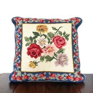 Vintage Lillian Vernon Needlepoint Floral Accent Pillow – Cottage Style Decor